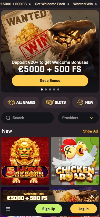 Wanted Win Casino home page on a mobile device