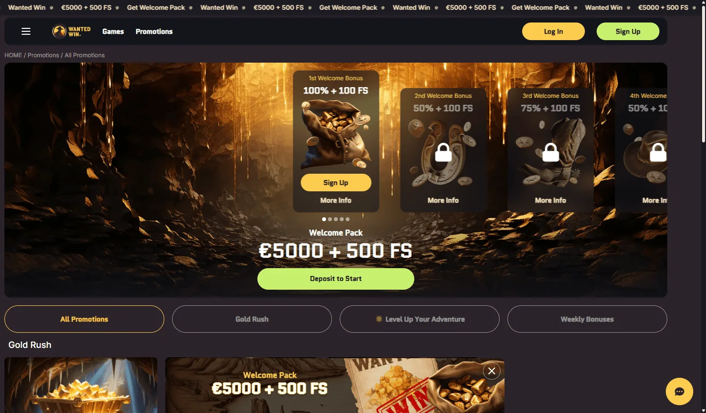 Wanted Win Casino promotions area on a desktop computer