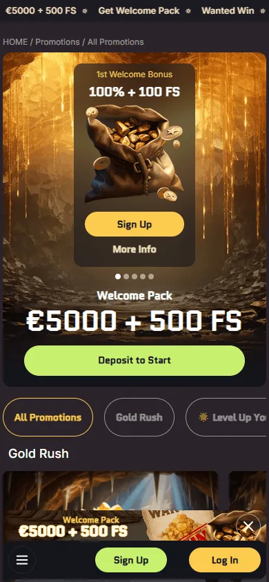 Wanted Win Casino promotions area on a mobile device
