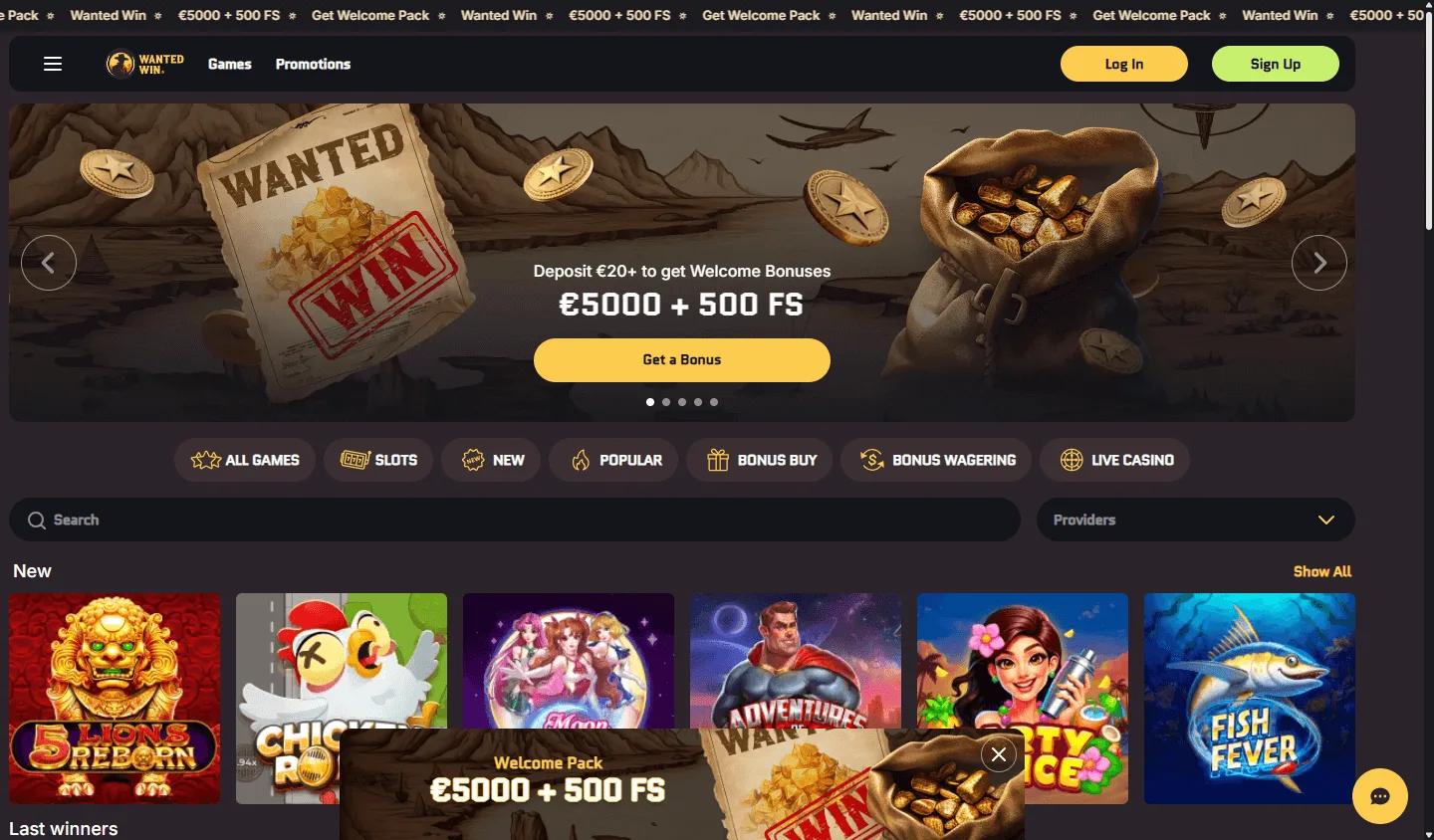 Wanted Win Casino home page on a desktop computer