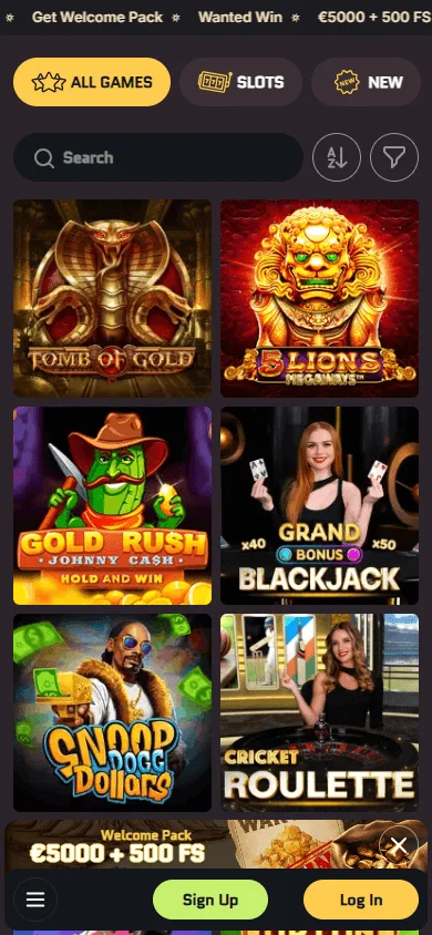 Wanted Win Casino games area on a mobile device