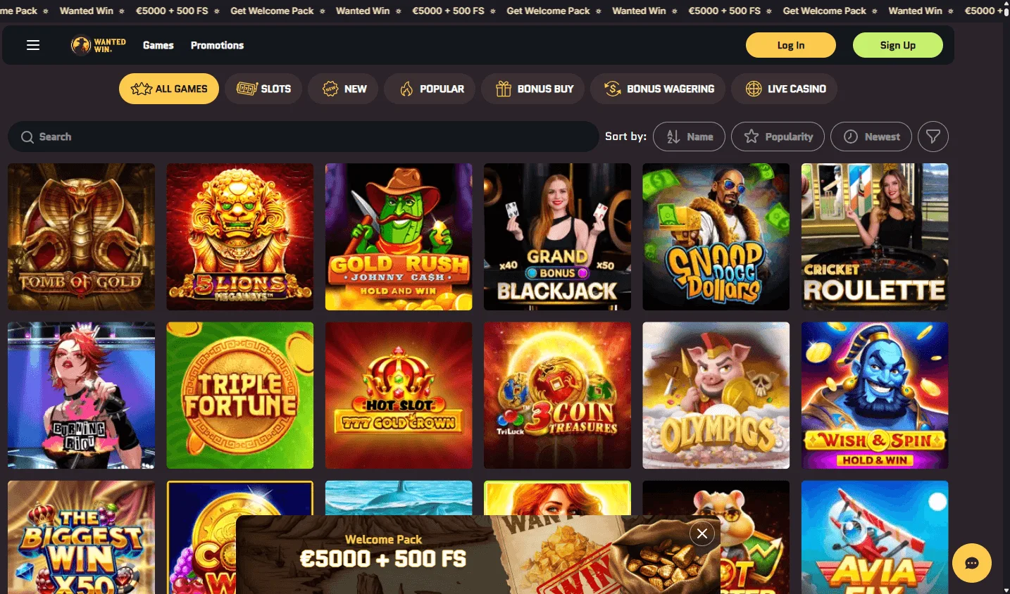 Wanted Win Casino games area on a desktop computer